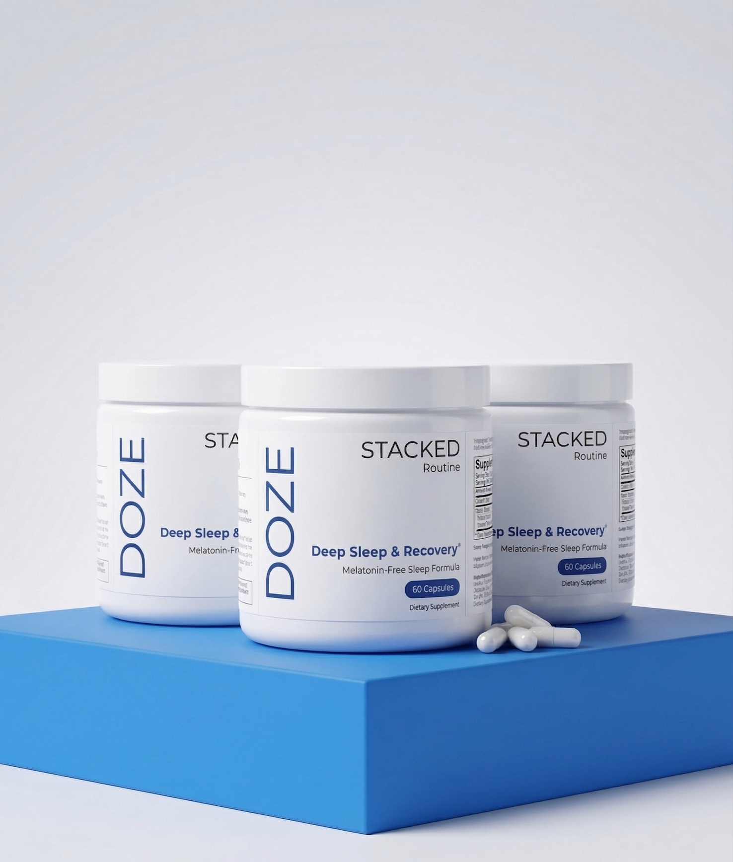 DOZE Sleep Formula bottle by Stacked Routine, melatonin-free sleep supplement